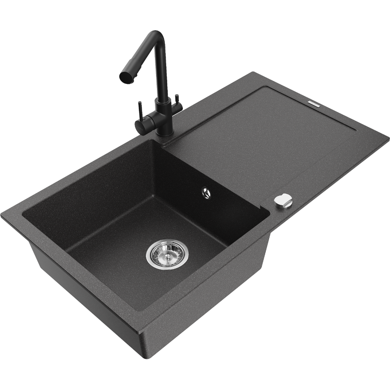 Mexen Leo granite sink, 1-bowl with drainer and Duero kitchen tap, black speckled - 6501-76-671600-70