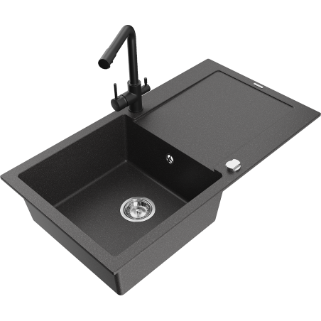 Mexen Leo fregadero de granito de 1 seno con escurridor y grifo de cocina Duero, negro moteado - 6501-76-671600-70