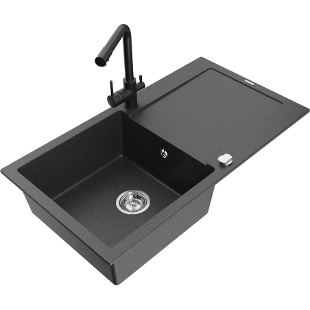 Mexen Leo granite sink, 1-bowl with drainer and Duero kitchen tap, black speckled - 6501-76-671600-70