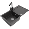 Mexen Leo granite sink, 1-bowl with drainer and Duero kitchen tap, black speckled - 6501-76-671600-70