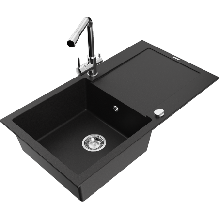 Mexen Leo granite sink 1-bowl with drainer and Duero kitchen tap, black - 6501-77-671600-00