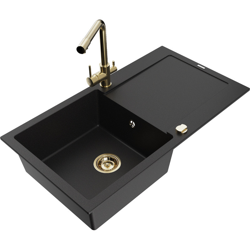Mexen Leo 1-bowl Granite Sink with Drainer and Duero Kitchen Tap, Black - 6501-77-671600-50