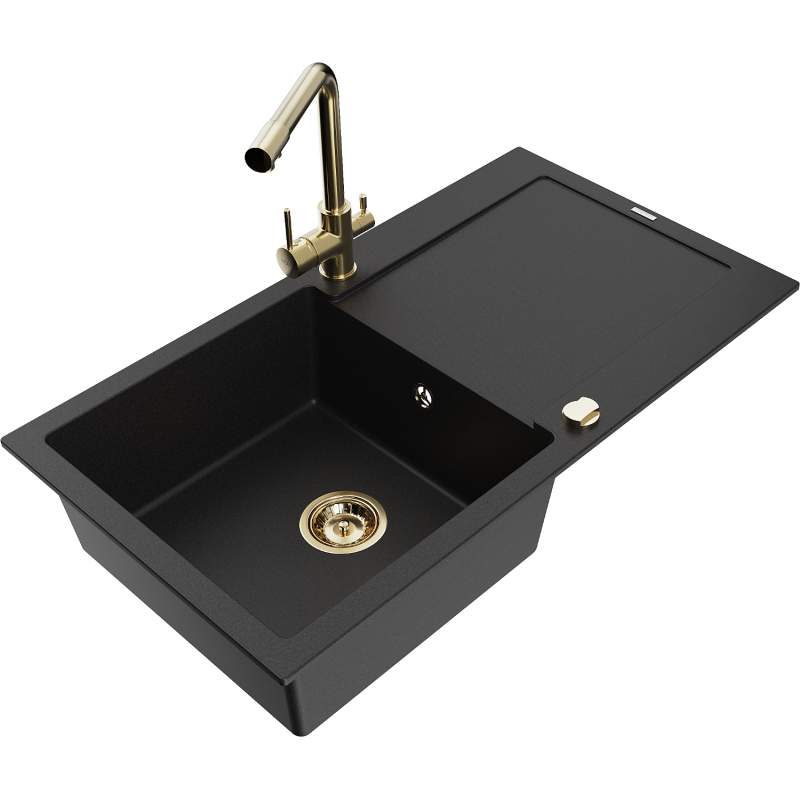 Mexen Leo fregadero de granito de 1 cubeta con escurridor y grifo de cocina Duero, negro - 6501-77-671600-50