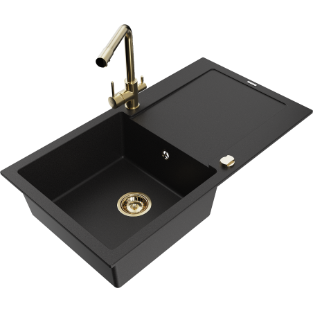 Mexen Leo fregadero de granito de 1 compartimento con escurridor y grifo de cocina Duero, negro - 6501-77-671600-50