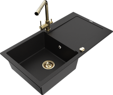 Mexen Leo 1-bowl Granite Sink with Drainer and Duero Kitchen Tap, Black - 6501-77-671600-50