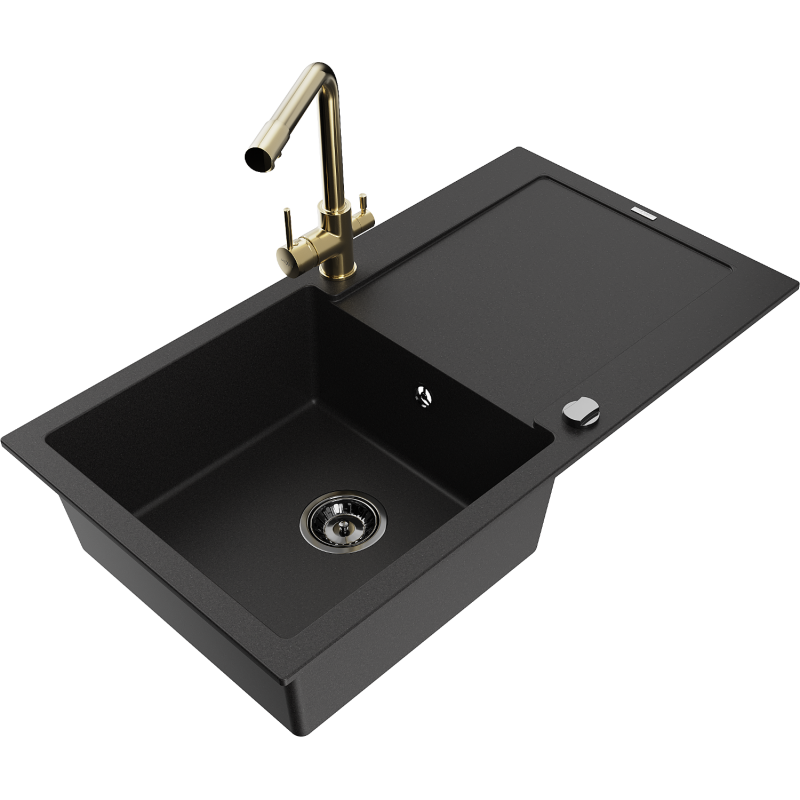 Mexen Leo lava-louça de granito de 1 bacia com escorredor e torneira de cozinha Duero, preto - 6501-77-671600-50-B
