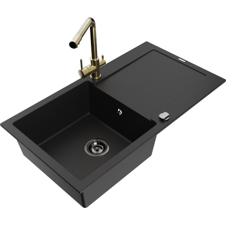 Mexen Leo fregadero de granito de 1 cubeta con escurridor y grifo de cocina Duero, negro - 6501-77-671600-50-B