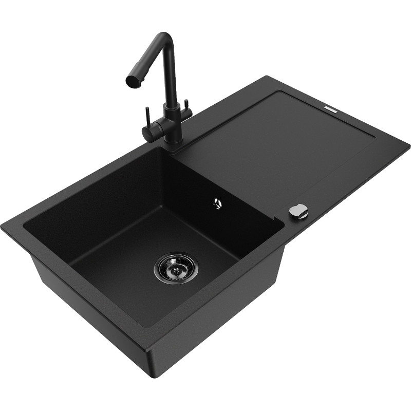 Mexen Leo fregadero de cocina de granito de 1 seno con escurridor y grifo Duero, negro - 6501-77-671600-70-B