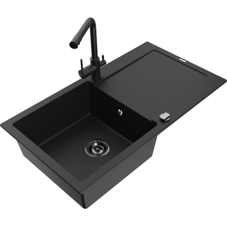 Mexen Leo 1-bowl granite sink with drainer and Duero kitchen faucet, black - 6501-77-671600-70-B