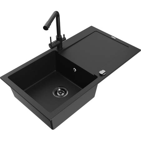 Mexen Leo fregadero de cocina de granito de 1 seno con escurridor y grifo Duero, negro - 6501-77-671600-70-B
