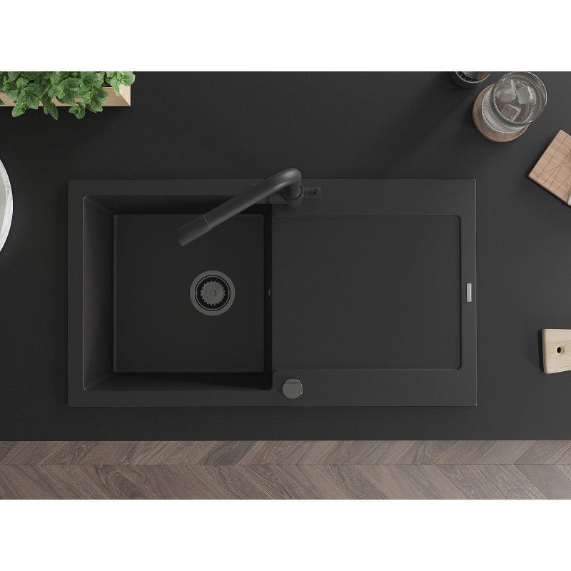 Mexen Leo 1-Komoresche Granit-Spullsteen mat Drainboard an Kichekraan Duero, schwaarz - 6501-77-671600-70-B