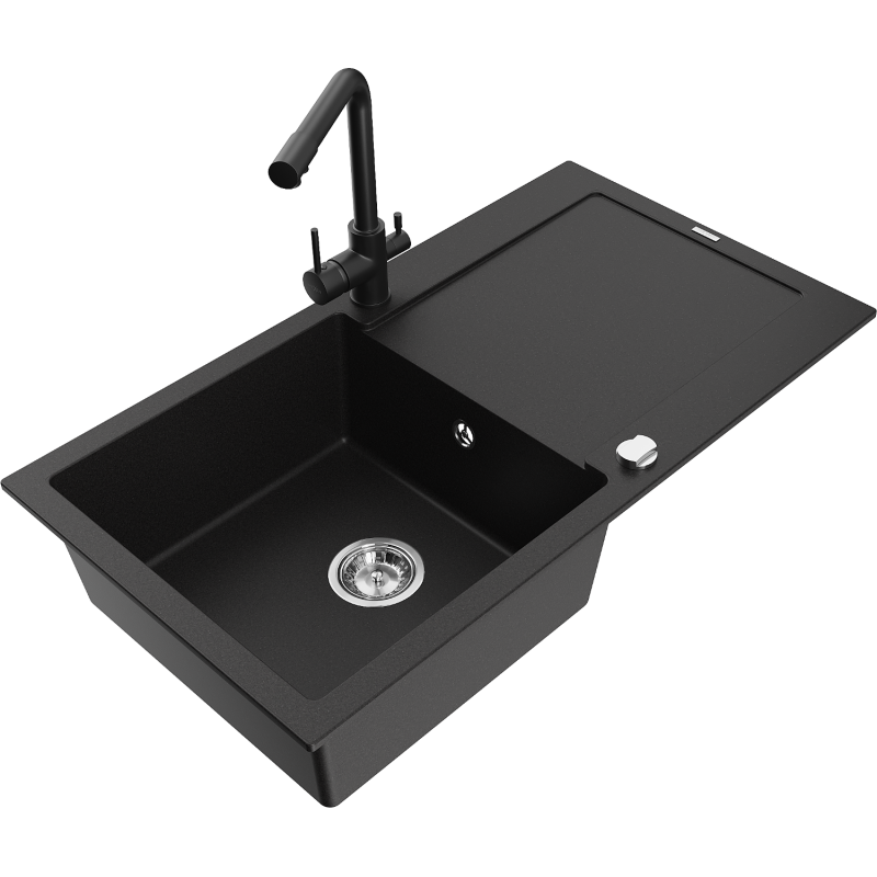 Mexen Leo granite sink 1-bowl with drainer and Duero kitchen tap, black - 6501-77-671600-70