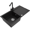 Mexen Leo granite sink 1-bowl with drainer and Duero kitchen tap, black - 6501-77-671600-70