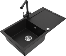Mexen Leo fregadero de granito de 1 cuenco con escurridor y grifo de cocina Duero, negro - 6501-77-671600-70