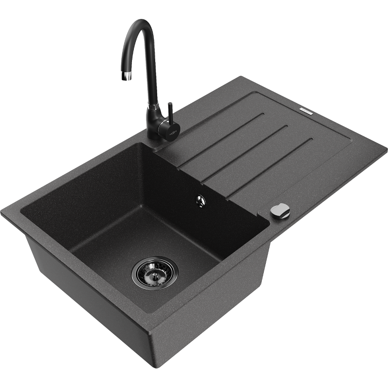 Mexen Bruno granite kitchen sink 1-bowl with drainer and Telma kitchen tap, black speckled - 6513-76-670200-70-B
