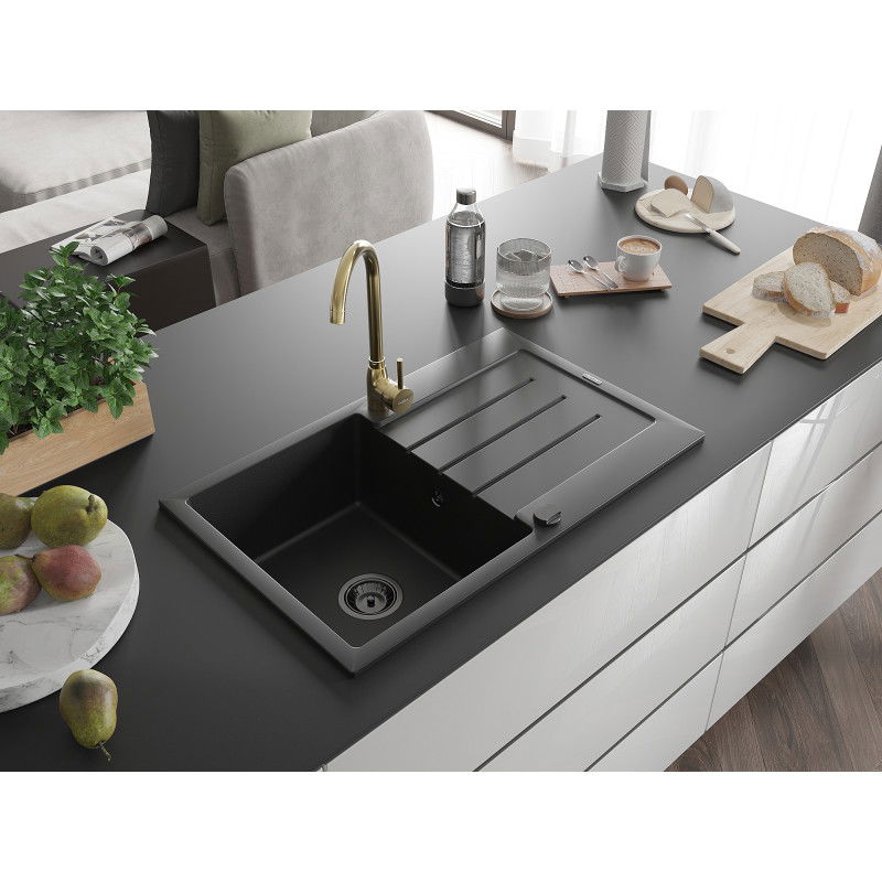 Mexen Bruno 1-bowl granite sink with drainer and Telma kitchen tap, black - 6513-77-670200-50-B