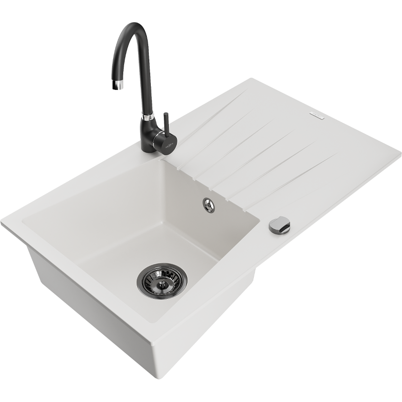 Mexen Cesar 1-bowl granite sink with drainer and Telma kitchen tap, white - 6514-20-670200-70