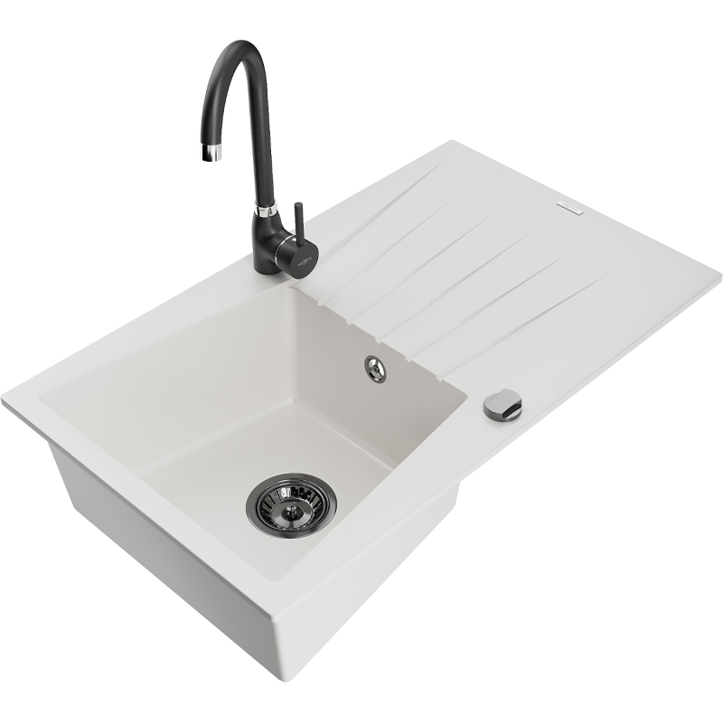 Mexen Cesar fregadero de granito de 1 senos con escurridor y grifo de cocina Telma, blanco - 6514-20-670200-70