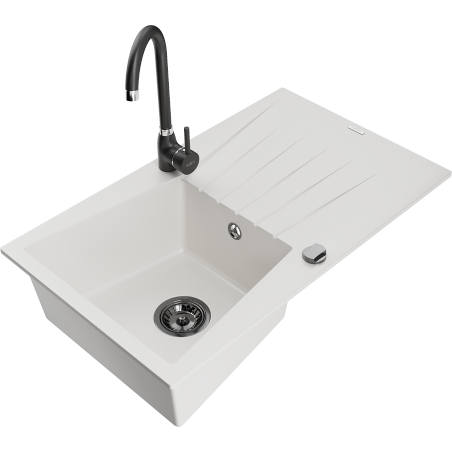 Mexen Cesar 1-bowl granite sink with drainer and Telma kitchen tap, white - 6514-20-670200-70