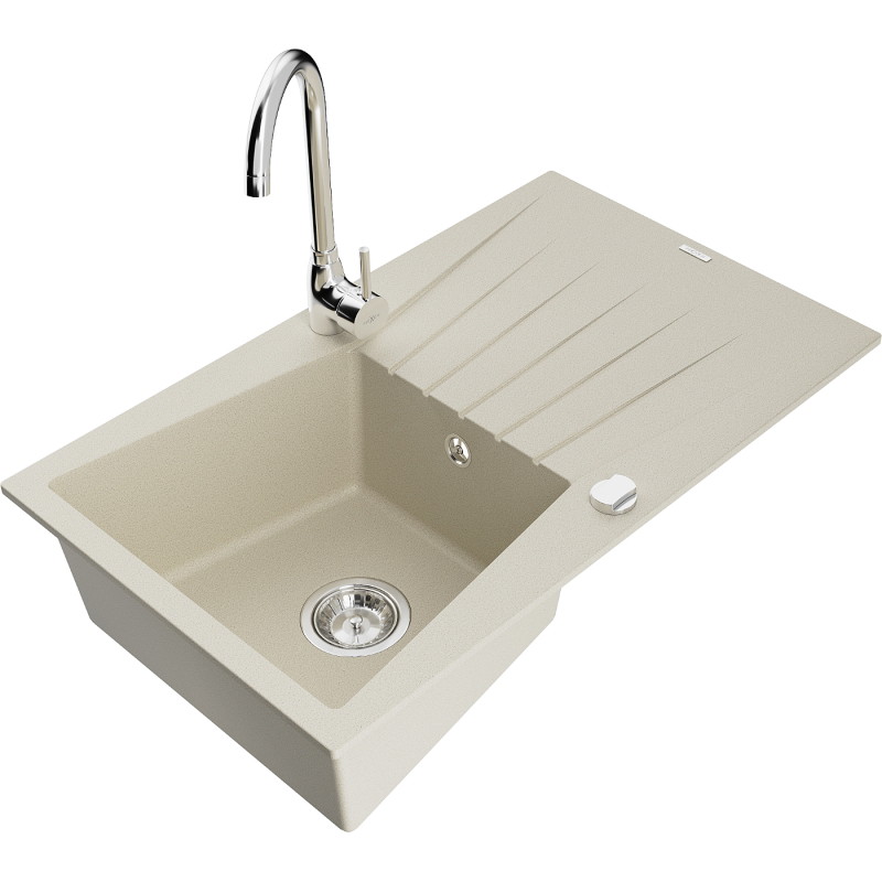 Mexen Cesar granitische spoelbak met 1 bak met afdruiprek en keukenmengkraan Telma, beige - 6514-69-670200-00