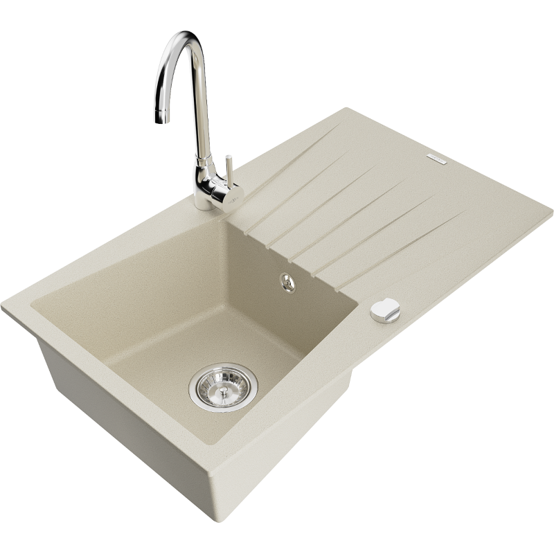 Mexen Cesar lava-loiça de granito 1-cuba com escorredor e torneira de cozinha Telma, bege - 6514-69-670200-00