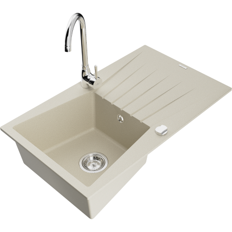 Mexen Cesar évier en granit 1 bac avec égouttoir et robinet de cuisine Telma, beige - 6514-69-670200-00