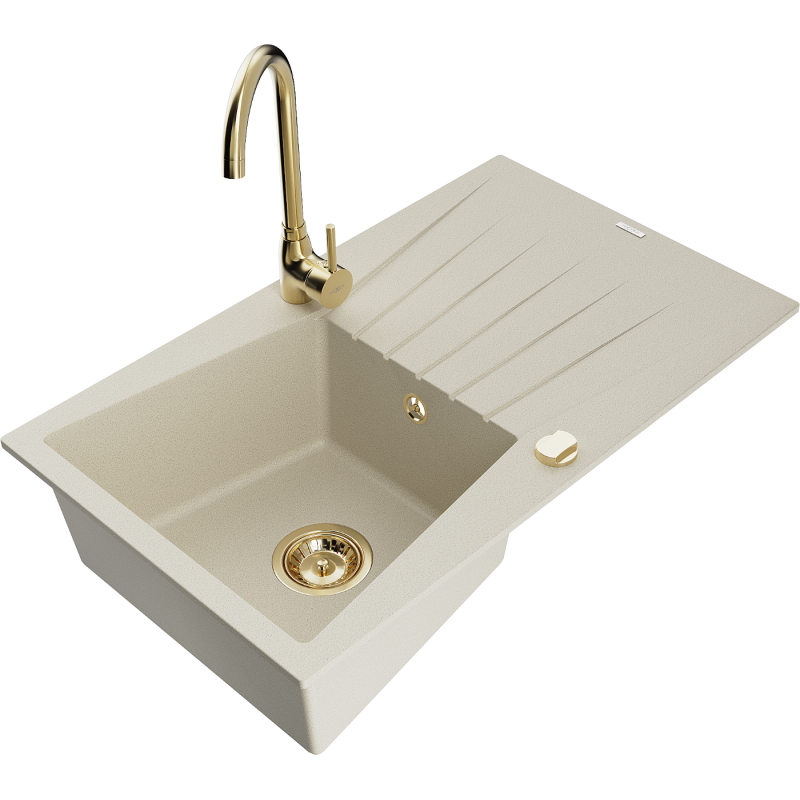 Mexen Cesar granitdiskbänk med 1 fack med avrinningsplats och Telma köksblandare, beige - 6514-69-670200-50