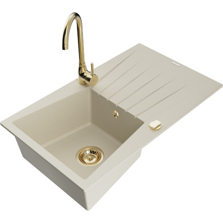Mexen Cesar granitische spoelbak met 1 bak, afdruiprek en keukenmengkraan Telma, beige - 6514-69-670200-50
