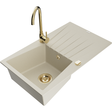 Mexen Cesar Granitspüle 1-Becken mit Abtropffläche und Küchenarmatur Telma, beige - 6514-69-670200-50