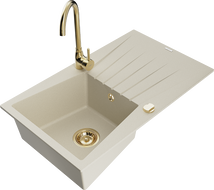 Mexen Cesar granieten gootsteen 1-komors met afdruiprek en keukenmengkraan Telma, beige - 6514-69-670200-50