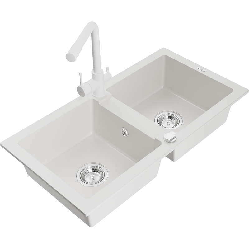 Mexen Mario granite sink 2-bowl with Duero kitchen tap, white - 6504-20-671600-20
