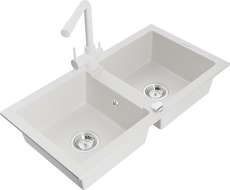 Mexen Mario granite sink 2-bowl with Duero kitchen tap, white - 6504-20-671600-20