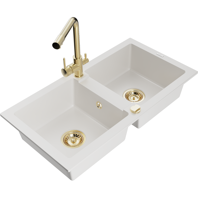 Mexen Mario 2-bowl granite sink with Duero kitchen tap, white - 6504-20-671600-50