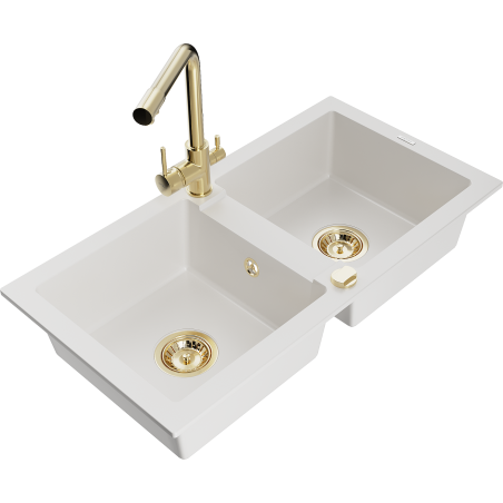 Mexen Mario 2-bowl granite sink with Duero kitchen tap, white - 6504-20-671600-50