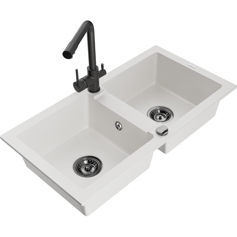 Mexen Mario 2-bowl granite sink with Duero kitchen tap, white - 6504-20-671600-70