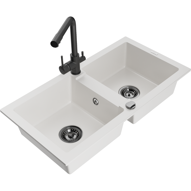 Mexen Mario lava-loiça de granito de 2 cubas com torneira de cozinha Duero, branco - 6504-20-671600-70