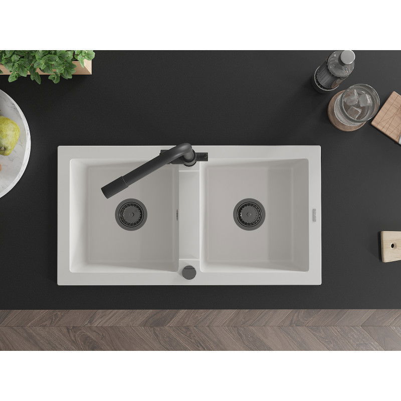 Mexen Mario lava-loiça de granito de 2 cubas com torneira de cozinha Duero, branco - 6504-20-671600-70