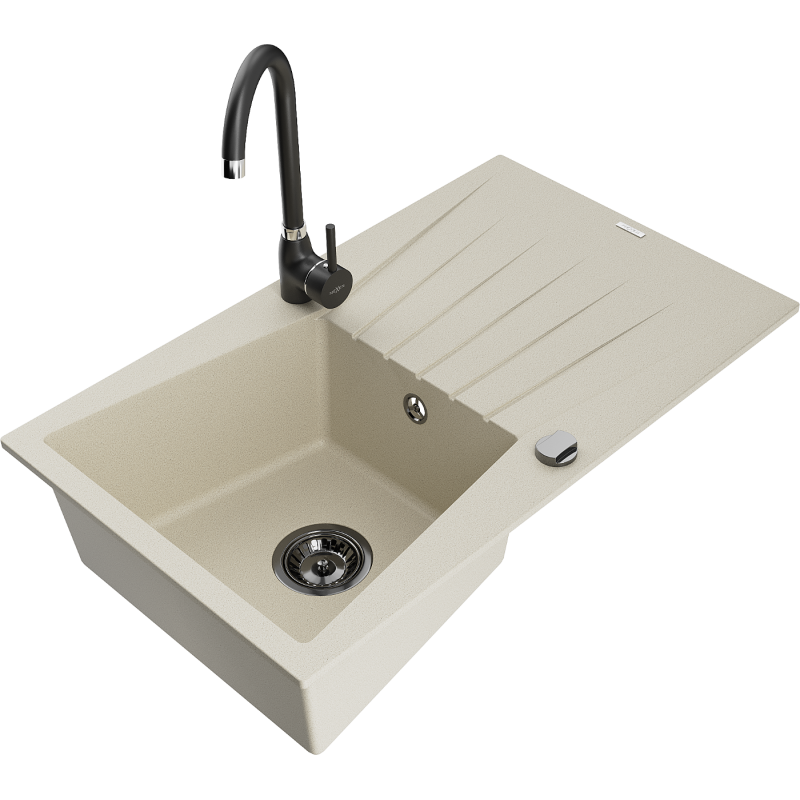 Mexen Cesar fregadero de granito de 1 cubeta con escurridor y grifo de cocina Telma, beige - 6514-69-670200-70