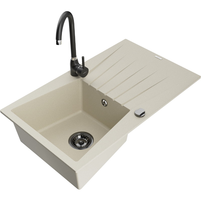 Mexen Cesar lavello in granito a 1 vasca con scolapiatti e miscelatore da cucina Telma, beige - 6514-69-670200-70