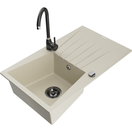 Mexen Cesar évier de cuisine en granit 1 cuve avec égouttoir et robinet de cuisine Telma, beige - 6514-69-670200-70