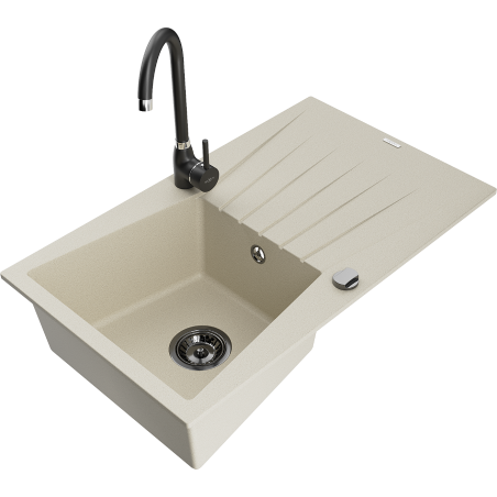 Mexen Cesar granieten gootsteen 1-kompartment met afdruiprek en keukenkraan Telma, beige - 6514-69-670200-70