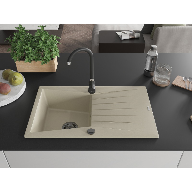 Mexen Cesar Granitspüle einteilig mit Abtropffläche und Küchenarmatur Telma, beige - 6514-69-670200-70