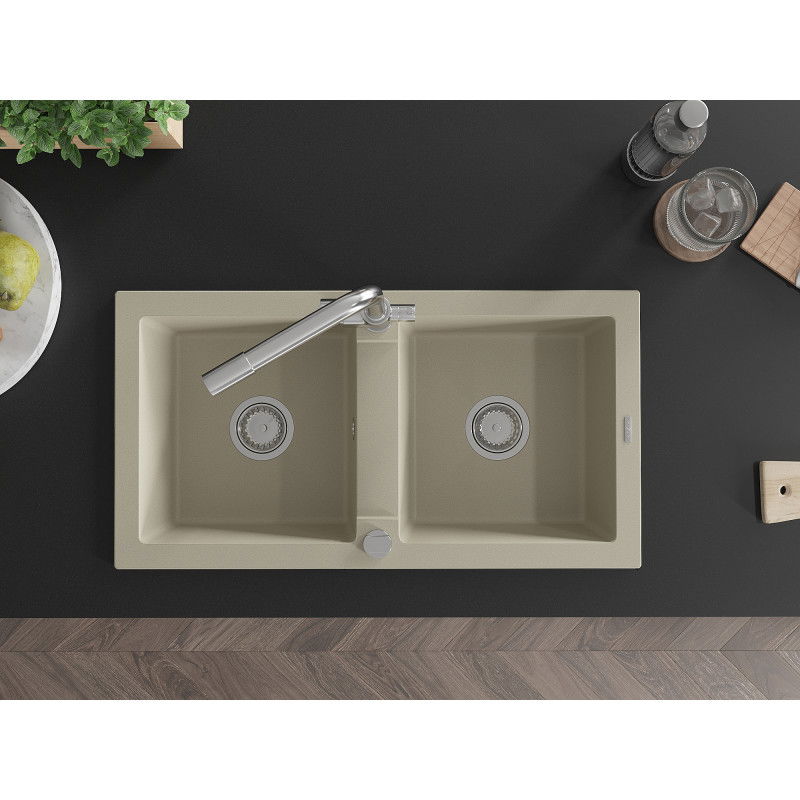 Mexen Mario évier en granit à 2 cuves avec robinet de cuisine Duero, beige - 6504-69-671600-00