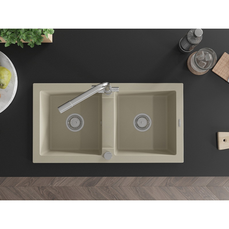 Mexen Mario Granitspüle 2-Kammern mit Küchenarmatur Duero, beige - 6504-69-671600-00