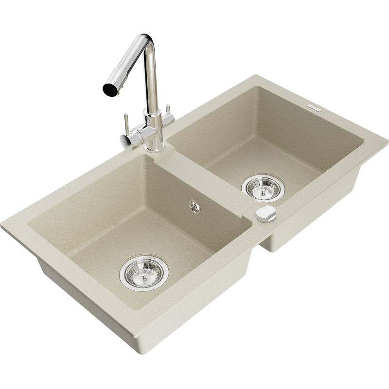 Mexen Mario granitdiskho med 2 fack och köksblandare Duero, beige - 6504-69-671600-00