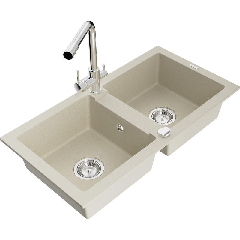 Mexen Mario granitische gootsteen 2-kamer met keukenkraan Duero, beige - 6504-69-671600-00