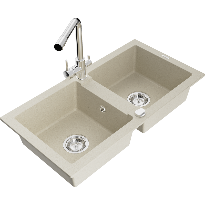 Mexen Mario lavello in granito a 2 vasche con rubinetto da cucina Duero, beige - 6504-69-671600-00