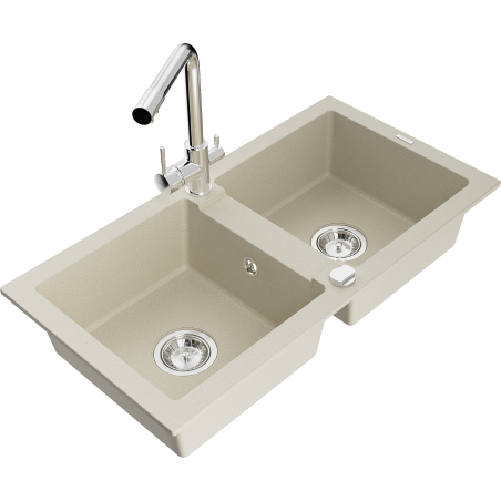 Mexen Mario granite 2-bowl kitchen sink with Duero tap, beige - 6504-69-671600-00