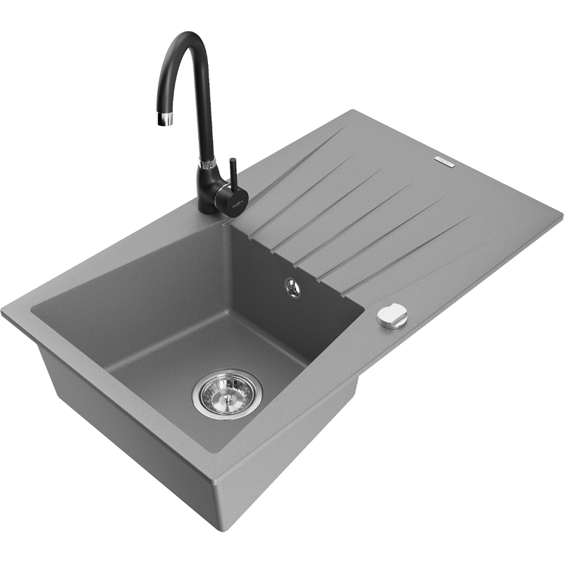 Mexen Cesar fregadero de granito de 1 seno con escurridor y grifo de cocina Telma, gris - 6514-71-670200-70