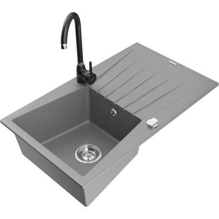 Mexen Cesar fregadero de granito de 1 cubeta con escurridor y grifo de cocina Telma, gris - 6514-71-670200-70